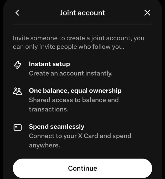 A dark-themed mobile app interface titled 'Joint account' explaining the feature with three bullet points: 'Instant setup', 'One balance, equal ownership', and 'Spend seamlessly', with a 'Continue' button at the bottom.
