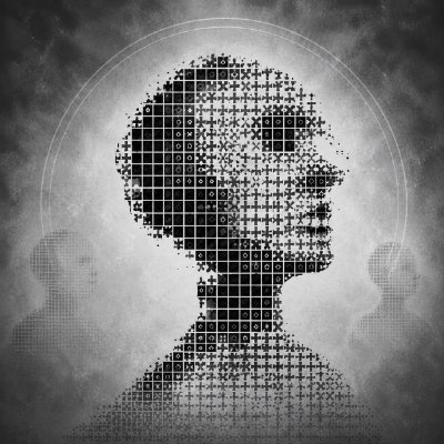 A grayscale artistic image depicting a human head and shoulders composed of digital blocks and binary code, set against a textured gray background.