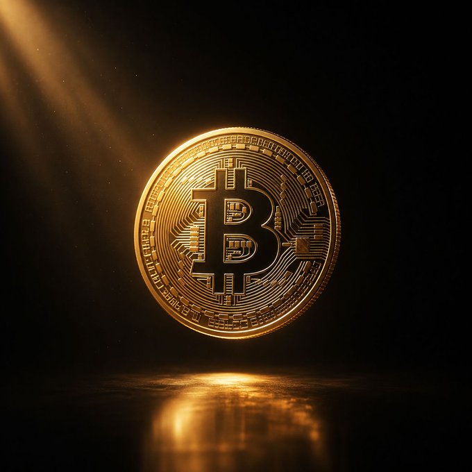 A 3D rendered image of a golden Bitcoin coin illuminated by a spotlight against a dark background, casting a golden reflection on the surface below.