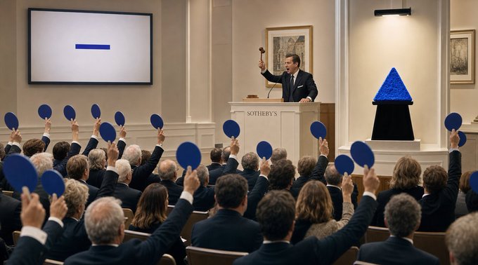 An auction scene at Sotheby's where a well-dressed auctioneer stands at a podium holding a gavel, while a crowd raises blue paddles to bid, with a blue pyramid sculpture displayed on the right.
