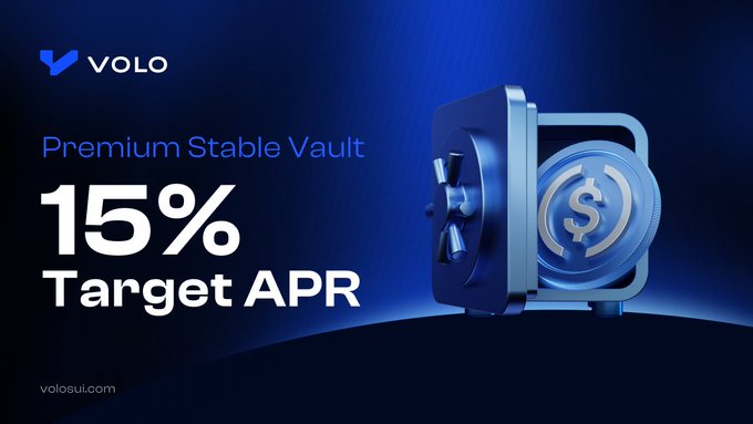 Advertisement for VOLO's Premium Stable Vault offering a 15% Target APR, directing viewers to volosui.com.
