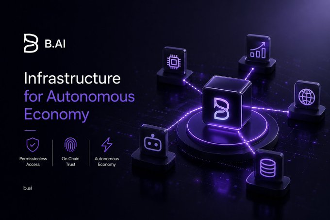 A promotional graphic for 'B.AI' titled 'Infrastructure for Autonomous Economy,' featuring a central glowing cube connected to various icons representing 'Permissionless Access,' 'On Chain Trust,' and 'Autonomous Economy.'