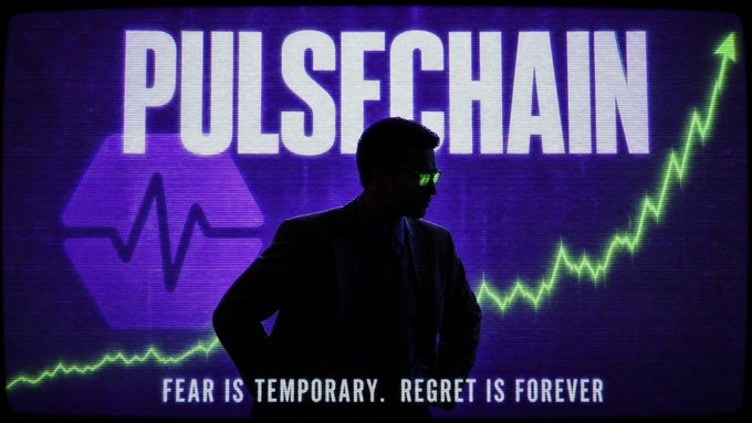 A silhouette of a man wearing sunglasses in front of a large screen displaying 'PULSECHAIN' in purple with a green upward-trending chart, and the tagline 'FEAR IS TEMPORARY. REGRET IS FOREVER'.