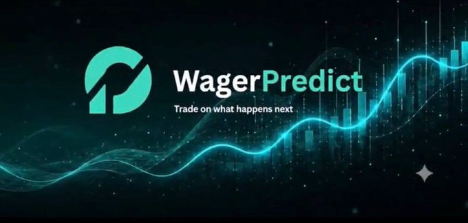 A stylized banner for WagerPredict features the brand's teal "P" logo alongside the tagline "Trade on what happens next," set against a dark background with glowing wave lines and candlestick charts. The futuristic, trading-focused design reinforces the post's message that the platform rewards genuine platform activity—trading, staking, and engagement—rather than single-metric grinding.