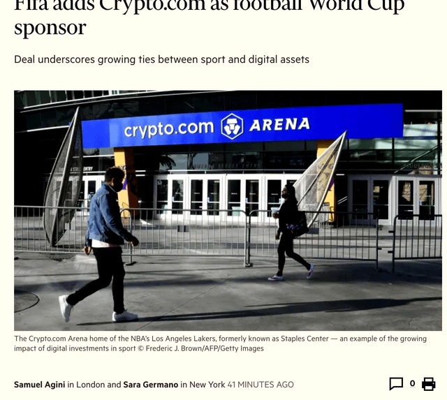 Financial Times article titled 'Fila adds Crypto.com as football world cup sponsor' with a photo of the Crypto.com Arena in Los Angeles.