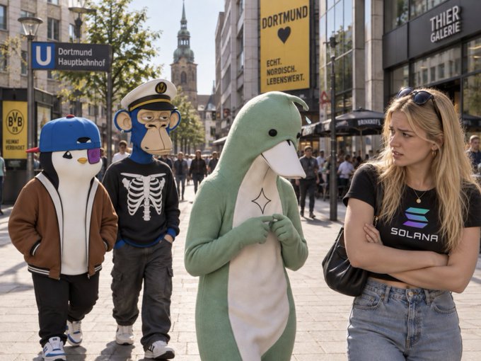 A surreal street scene in Dortmund shows people in mascot costumes—a penguin, a monkey captain, and a dolphin—standing near a woman wearing a 'SOLANA' t-shirt, with signs for 'Dortmund Hauptbahnhof' and 'BVB 09' visible.