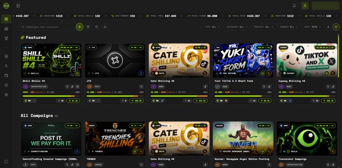 A screenshot of a decentralized social media or NFT platform displaying 'Featured' and 'All Campaigns' sections, including campaigns titled 'SHILL SHILLZ #4', 'JTX', 'CATE SHILLING', 'YUKI TIKTOK', and 'TIKTOK AND X'.