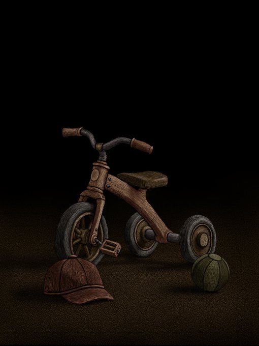 A dark, moody 3D illustration of a wooden child's tricycle with a baseball cap and a green yarn ball sitting on a textured floor.