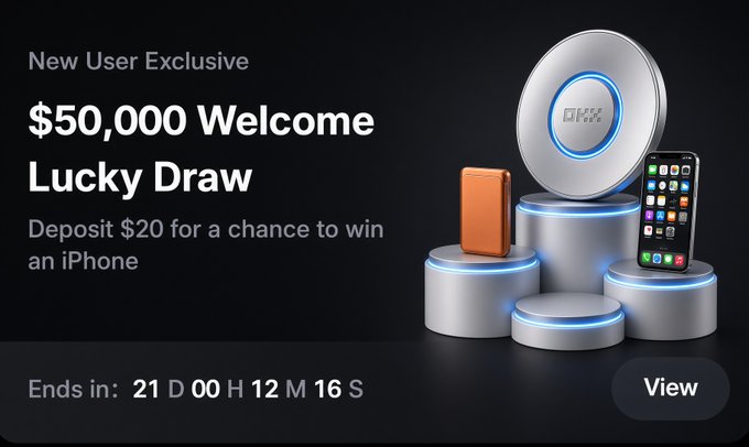 A promotional banner for a '$50,000 Welcome Lucky Draw' requiring a $20 deposit for a chance to win an iPhone, with 21 days remaining.