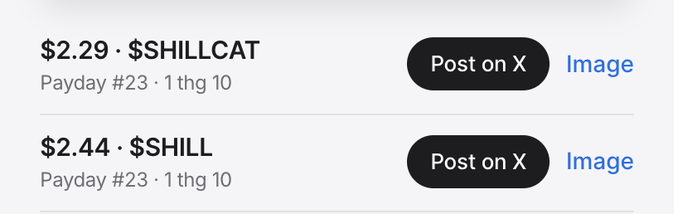 A screenshot showing cryptocurrency prices for $SHILLCAT at $2.29 and $SHILL at $2.44, both with 'Post on X' buttons.