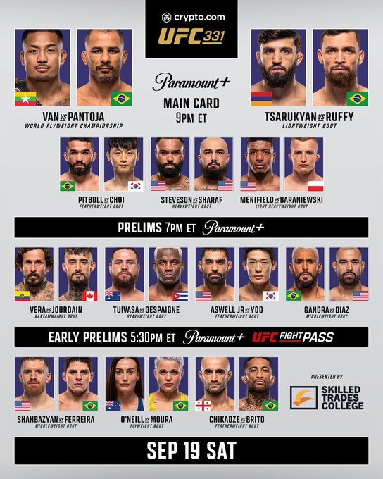 This is a promotional fight card graphic for **UFC 331**, presented by **crypto.com**, airing on **Paramount+** on **Saturday, September 19th**, with Early Prelims at 5:30 PM ET, Prelims at 7 PM ET, and the Main Card at 9 PM ET.

The card is headlined by the **Flyweight Championship** bout between **Van vs. Pantoja**, alongside matchups including **Tsarukyan vs. Ruffy**, **Pitbull vs. Choi**, **Steveson vs. Sharaf**, and **Menifield vs. Baraniewski** — aligning with the post announcing the prelims going live on Paramount+.
