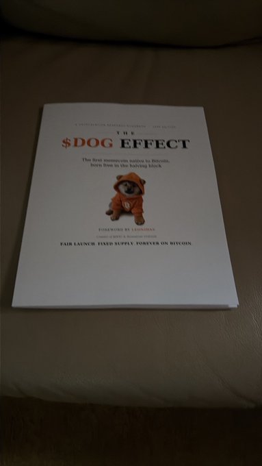 A book titled '$DOG EFFECT: The first memecoin native to Bitcoin, born free in the halving block' by Legaldog, featuring a Shiba Inu dog in an orange hoodie on the cover, sitting on a leather surface.