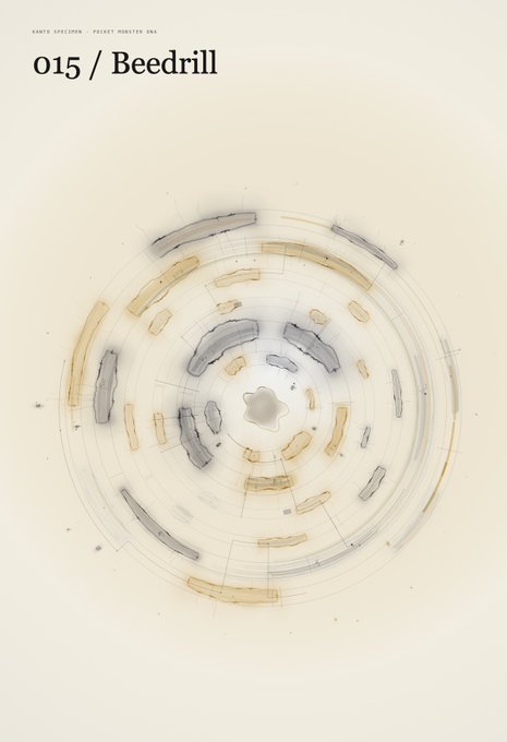 A minimalist watercolor-style cover art titled '015 / Beedrill' by 'KARLY SPRECACE / POCKET MONSTER FAN', showing fragmented concentric rings around a central shape.