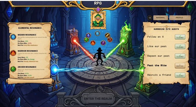 A fantasy RPG video game screen showing elemental resonance bonuses (Wizard, Warrior, Archer), a central character with glowing swords, and a quest list titled 'SUMMONING KITE QUESTS' with tasks like 'Follow on X', 'Like our post', and 'Recruit a friend'.
