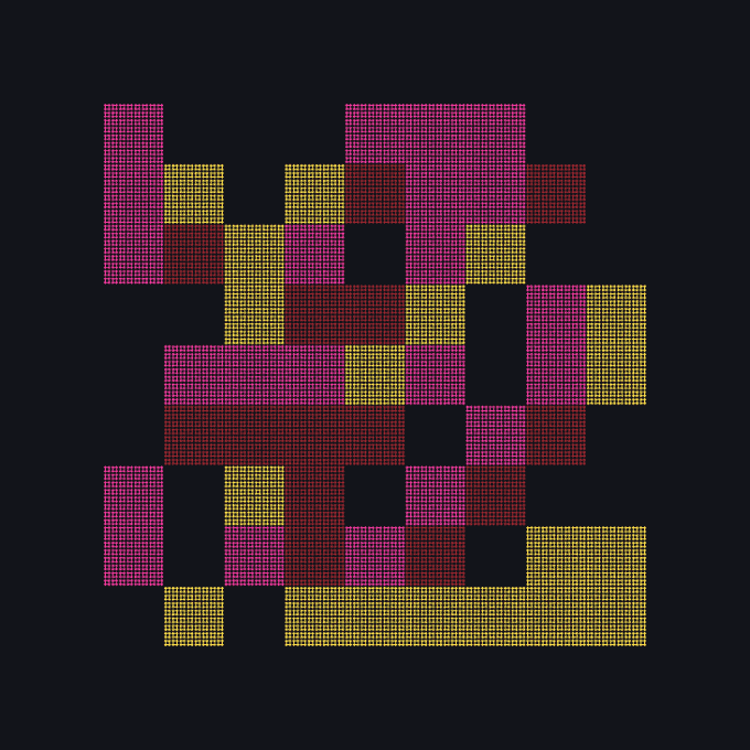 An abstract digital artwork featuring pixelated blocks in shades of pink, magenta, and yellow arranged in a geometric pattern against a dark gray background.
