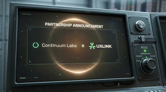 A digital display screen shows a 'PARTNERSHIP ANNOUNCEMENT' between 'Continuum Labs' and 'UXLINK' with a glowing circular graphic in the background.