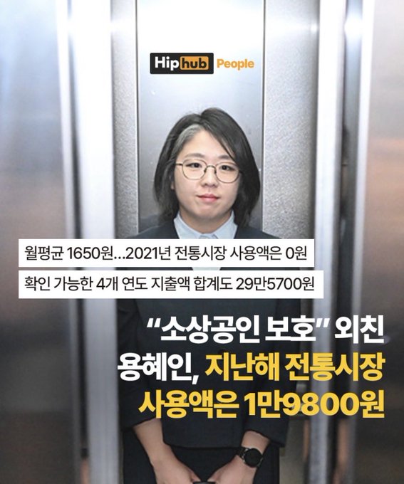 An image from Hiphub People features a woman in business attire with glasses standing in an elevator, overlaid with Korean text highlighting traditional market usage fees—including a 2021 fee of 0 won with a budget of 1.65 million won, a 4-person joint purchase plan at 295,700 won, and "Yonghwa-in" advocating for "small business protection" with a previous traditional market usage fee of 19,800 won—connecting to the post's question about overspending on traditional markets.