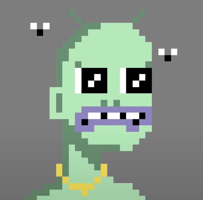 A pixel art character resembling a green zombie or Frankenstein-like figure with purple lips and yellow necklace against a gray background.