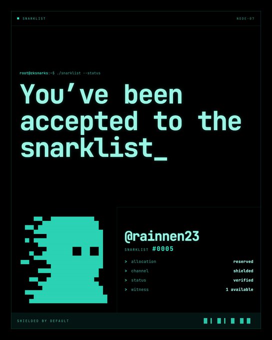 A terminal-style graphic with a glitchy teal ghost icon displays "You've been accepted to the snarklist_" and confirms @rainnen23 as "SNARKLIST #0005" with status verified and 1 witness available, visually matching the welcome message and nomination prompt.