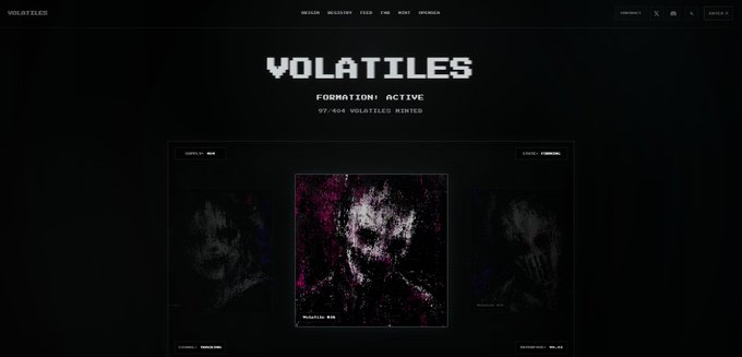 The image shows the Volatiles website homepage featuring a dark-themed NFT gallery with the header "VOLATILES," the tagline "FORMATION: ACTIVE," and a counter displaying "97,404 VOLATILES MINED," visually reinforcing the post's note that the project is roughly a quarter of the way through its minting phase.