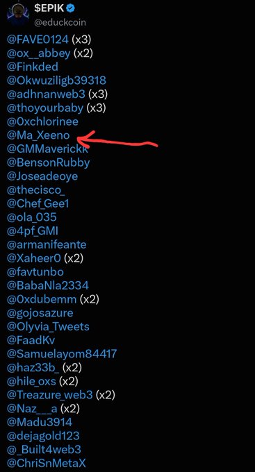 Twitter/X post by SEPI (@educkcoin) listing tagged users including @Ma_Xeeno (highlighted with a red arrow), @FAVEO124, @ox__abbey, and other community members.