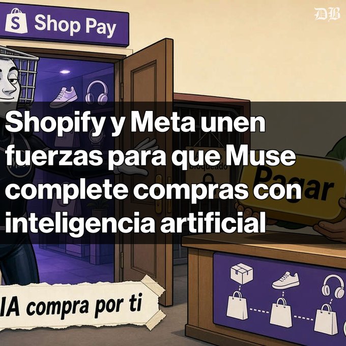 An illustrated news graphic in Spanish titled 'Shopify y Meta unen fuerzas para que Muse complete compras con inteligencia artificial' with subtitle 'IA compra por ti,' showing a masked figure at a Shop Pay storefront.