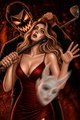 A fantasy-style illustration depicts a woman in a red dress holding a spiked club alongside a small white creature with horns.
