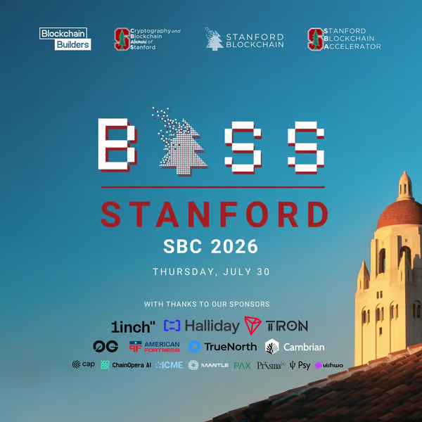 A promotional poster for 'BASS Stanford SBC 2026' on Thursday, July 30, featuring logos for Blockchain Builders, Cryptography and Blockchain Club of Stanford, Stanford Blockchain, Stanford Blockchain Accelerator, and sponsors including 1inch, Halliday, TRON, ChainOpera AI, and others, set against a building backdrop.