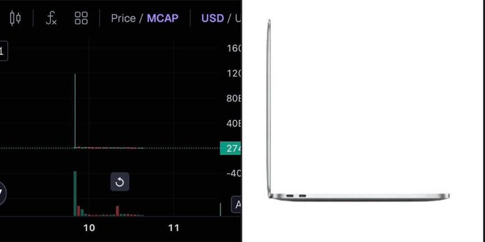 A side-by-side image showing a cryptocurrency price/market cap chart on the left and a sleek silver laptop on the right.
