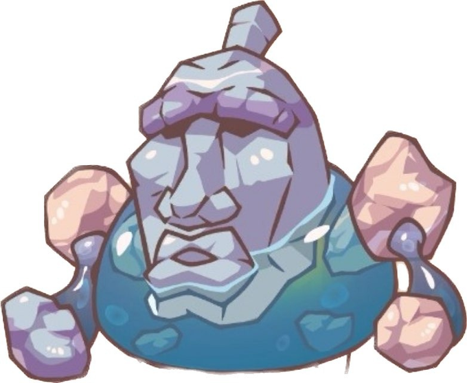 A illustrated game character of a rocky/stone humanoid figure with a teal torso and orange stone shoulder armor.