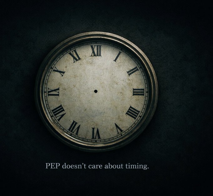 A vintage clock face with Roman numerals against a dark background includes the caption 'PEP doesn't care about timing.'