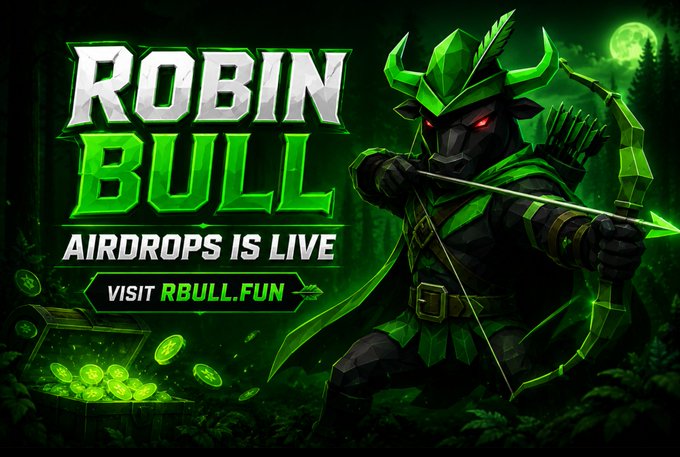 A dark, hooded archer figure with glowing red eyes and antler-like horns draws a neon green bow beside an open treasure chest spilling glowing coins, set against a moonlit forest backdrop. The text reads "ROBIN BULL AIRDROPS IS LIVE" and "VISIT RBULL.FUN," promoting the $ROBINBULL airdrop campaign described in the post.