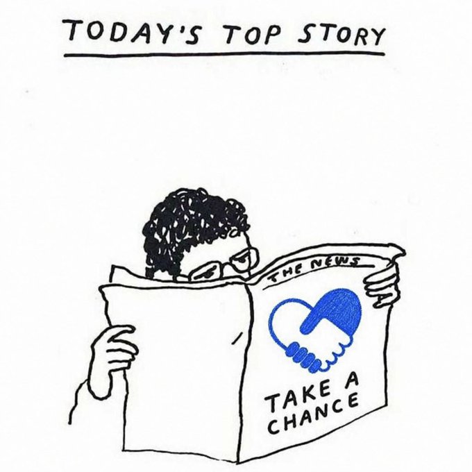 A hand-drawn cartoon shows a person reading "THE NEWS" with the headline "TODAY'S TOP STORY" and an image of two hands shaking inside a heart, captioned "TAKE A CHANCE," symbolizing the team's cautious, long-term approach to partnerships and financial decisions.