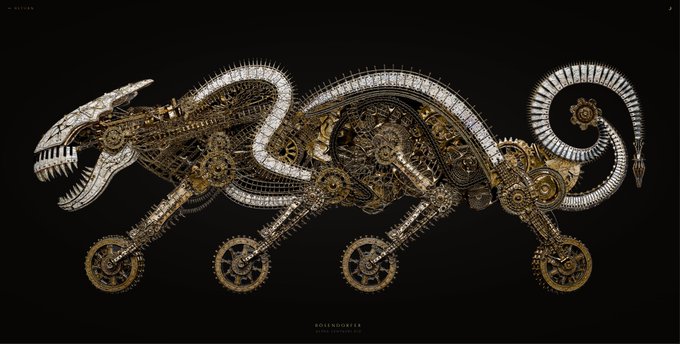A detailed digital artwork of a mechanical/steampunk dinosaur or dragon creature made entirely of brass gears, cogs, and metal components against a black background, labeled 'BRENDOKER'.