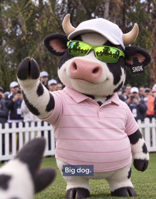 An anthropomorphic cow mascot wearing a white cap, green reflective sunglasses, and a pink polo shirt waves at a crowd, with an ear tag reading "SNDK" and a caption saying "Big dog."