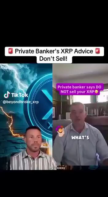 The image features two men sitting next to each other with a large screen behind them displaying an advertisement for private banker's advice about XRP. The text on the screen reads "Private Banker's XRP Advice Don't sell your XP". One man is wearing a striped shirt, and the other has a beard. They are both looking at the camera while talking to each other.