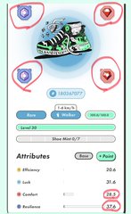 The image displays a list of attributes of an item called "shoe mini 0-7", with three different icons representing the left, right, and center of the shoe design. The icon for the left side is a small picture of the shoe's left foot, while the icon for the right side shows the right foot impression of the shoe. There are also two diamonds positioned above the shoe icons, possibly indicating certain features or characteristics of the shoe.