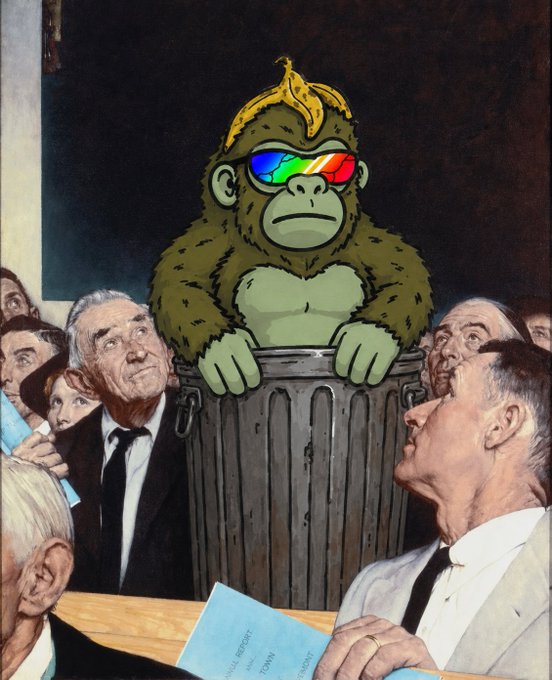 An illustration of a green gorilla wearing colorful 3D glasses, positioned behind a wooden crate surrounded by a crowd of people in formal attire, parodying a courtroom scene.