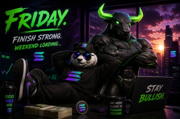 A digital artwork featuring a panda character in sunglasses and hoodie lounging next to a bull-headed figure, with text reading 'FRIDAY. FINISH STRONG. WEEKEND LOADING...', 'FOCUS BUILD WIN', and 'STAY BULLISH.' with a Solana logo visible.