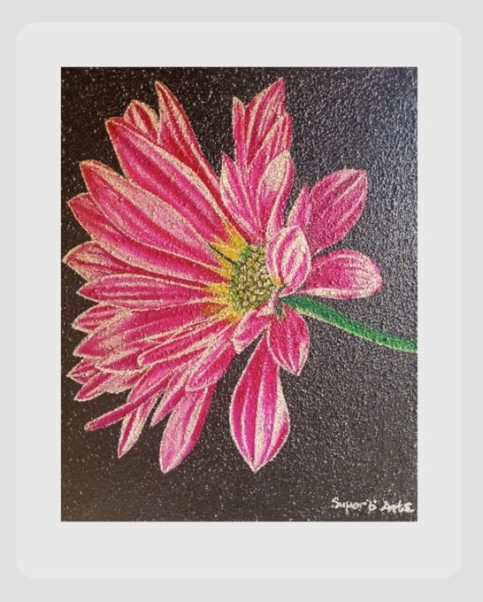 A colorful pastel drawing of a vibrant pink daisy-like flower on a black background, signed "Superb Art" in the corner.