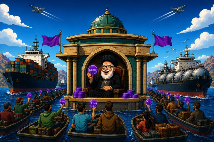 A satirical AI-generated illustration depicting a religious figure seated on a throne surrounded by ships, cargo containers, and crowds holding purple cryptocurrency tokens labeled 'Pi' in boats on the water.