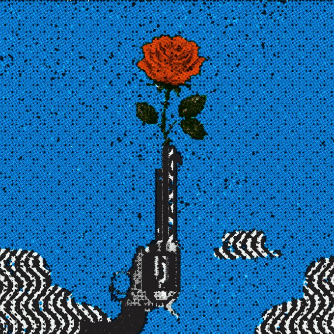 A stylized pixelated illustration shows a hand gripping a revolver pointed upward, with a red rose blooming from the barrel against a blue speckled sky with clouds. The artwork fits the "Gm" (Good Morning) crypto culture vibe, pairing the iconic rose from a gun motif—symbolizing beauty and resistance—with the partner artist's collaborative NFT drop details.