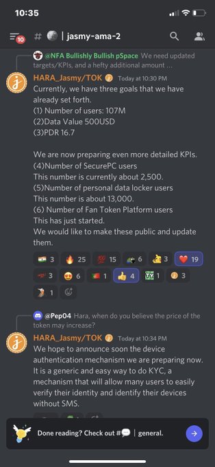 This image shows a screenshot of a Discord server (#jasmy-ama-2) where @HARA_Jasmy/TOK discusses current platform milestones (3 goals already set, 107M users, $500 USD data value, PDR 16.7), alongside upcoming detailed KPIs including 2,500 SecurePC users, 13,000 personal data locker users, and Fan Token Platform users still being prepared. In response to @Pep04's question about token price increase, the team confirms they are preparing a device authentication mechanism (KYC) using Web Key Connector technology to verify users without SMS—directly tying into the accompanying post's focus on KYC as a catalyst for $JASMY price appreciation.