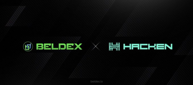 A promotional graphic with a black background displaying the logos 'BELDEX' and 'HACKEN' with a multiplication sign between them, and the URL 'beldex.io' at the bottom.