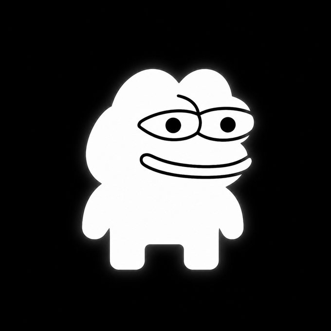 A white cartoon character with a mischievous grinning expression on a black background, featuring wide eyes and a smirking smile.