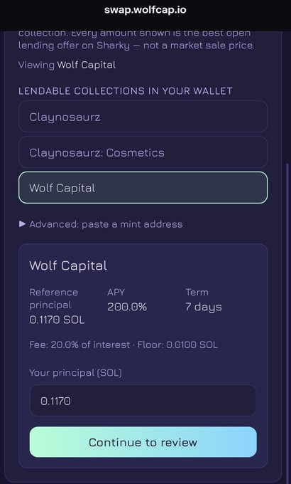 A screenshot of swap.wolfcap.io showing a lending interface for 'Wolf Capital' with an APY of 200.0% over 7 days on 0.1170 SOL, with a 'Continue to review' button.