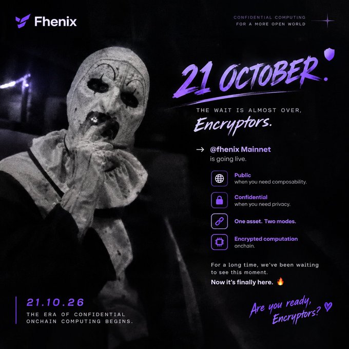 A promotional poster for 'Fhenix' featuring a masked figure, announcing the @fhenix Mainnet launch on 21 October with features including Public, Confidential, and Encrypted computation modes.