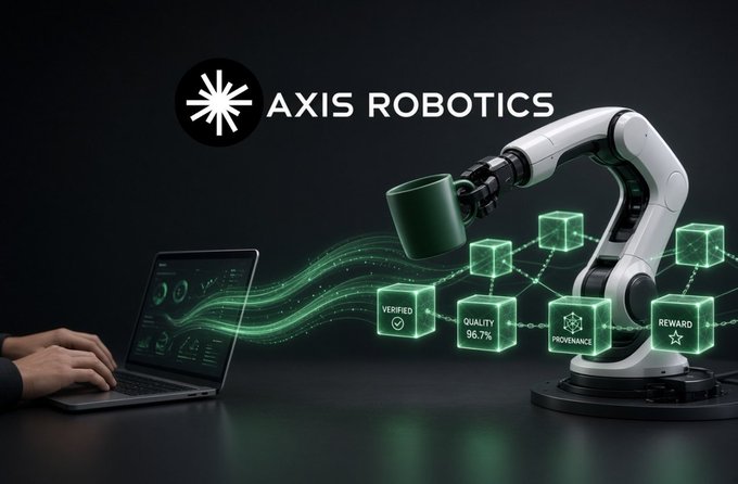 An advertisement for Axis Robotics showing a white robotic arm holding a green mug, with holographic cubes displaying labels like 'Verified', 'Quality 96.7%', 'Provenance', and 'Reward' connected to a laptop.