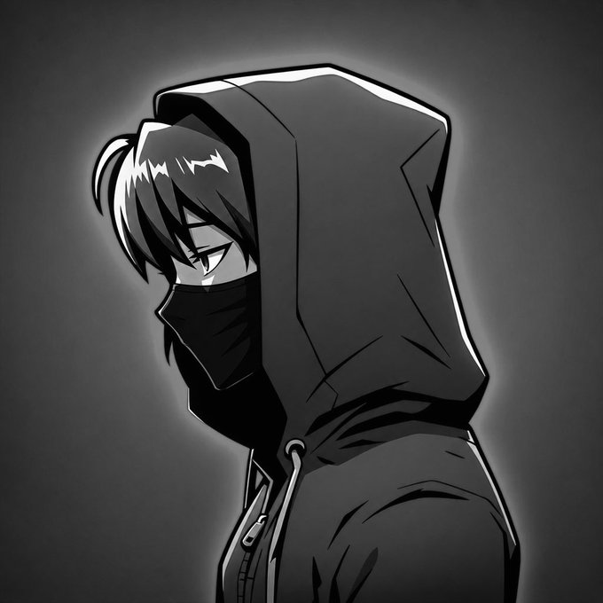 A black and white anime-style illustration of a mysterious figure wearing a dark hooded jacket and face mask, with only one eye visible.