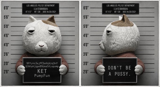Two mugshot-style images of a cat character from the LAPD dated 04/29/2021, with signs reading "KET PumpFun" (with a crypto contract address) and "DON'T BE A PUSSY."